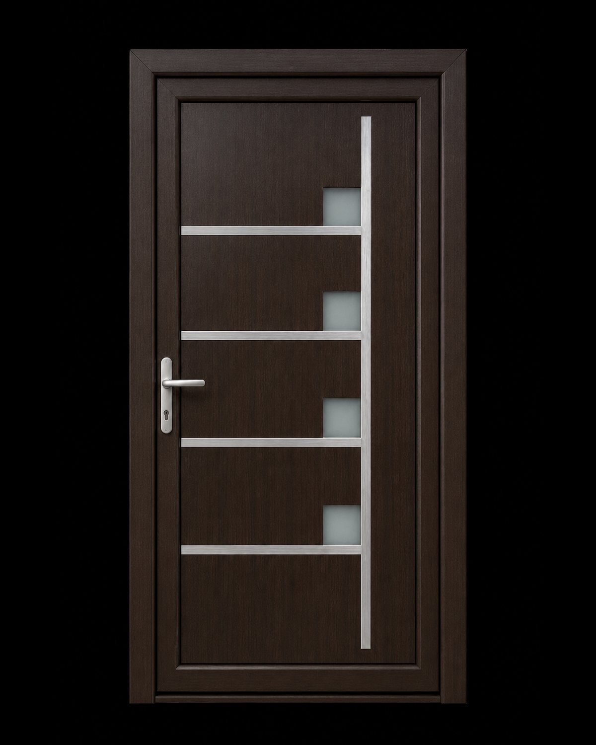 SK42F wenge panel fitted into a matching door frame with an inox lever handle