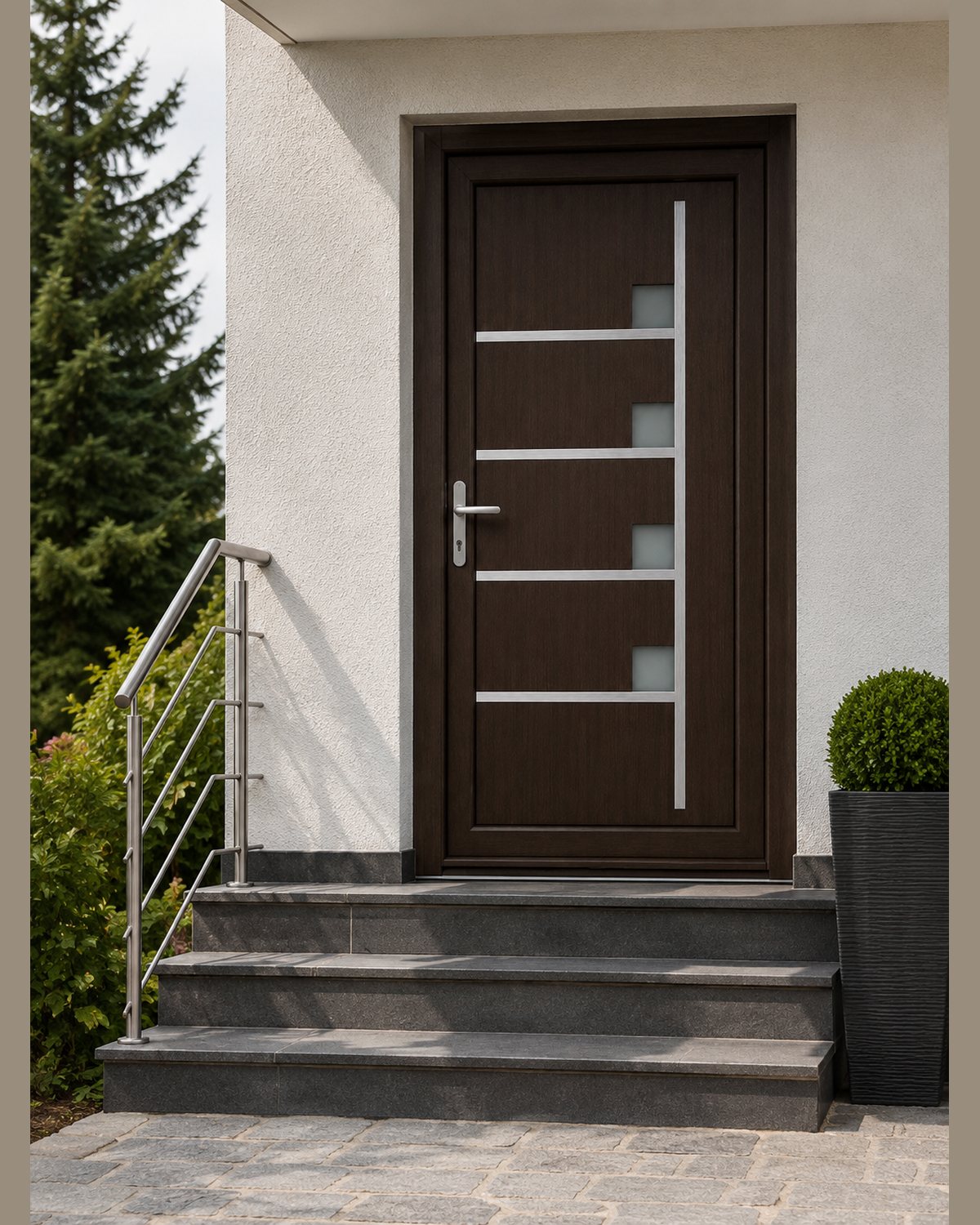 Entrance door with the SK42F wenge panel installed on a house above granite steps