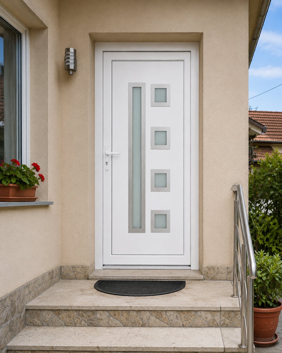 White SK56F entrance door installed on a house with a beige facade